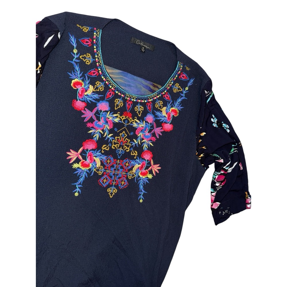 Calessa Tunic Top Womens 1X Textured Embroidered 3/4 Sleeve‎ Art To Wear